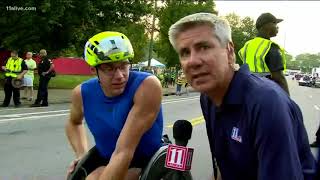 Susannah Scaroni wins the women's wheelchair division of the AJC Peachtree Road Race with Tatyana Mc
