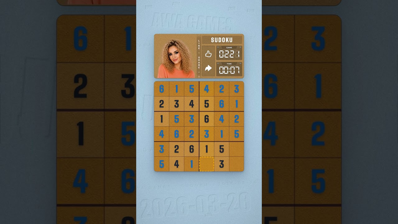 LinkedIn Mini Sudoku #221 solved board for March 20, 2026, 6x6 grid