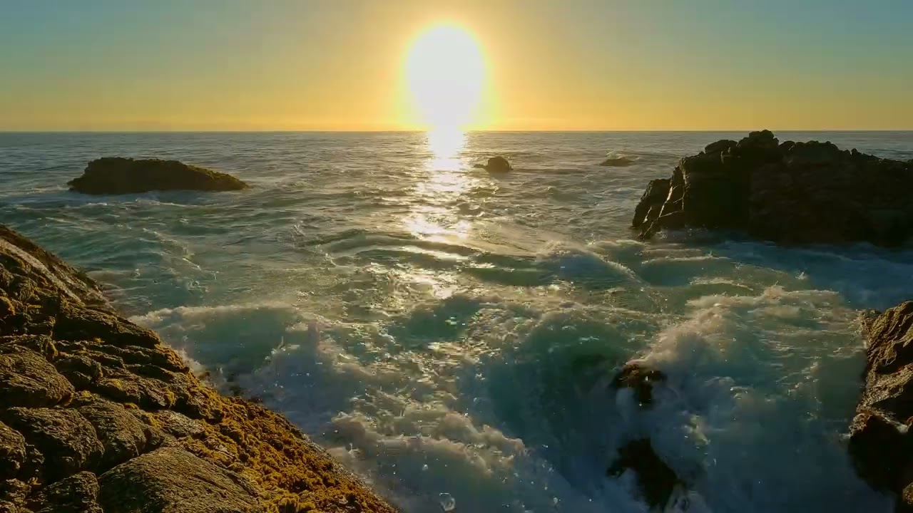 Watch Energetic Pacific Ocean Waves Crashing on Rock Formations during Sunset - Big Sur Coastline