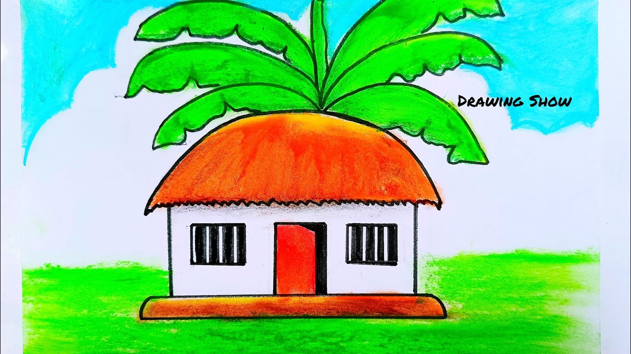 House Drawing easy || How to draw a village hut - step by step - YouTube