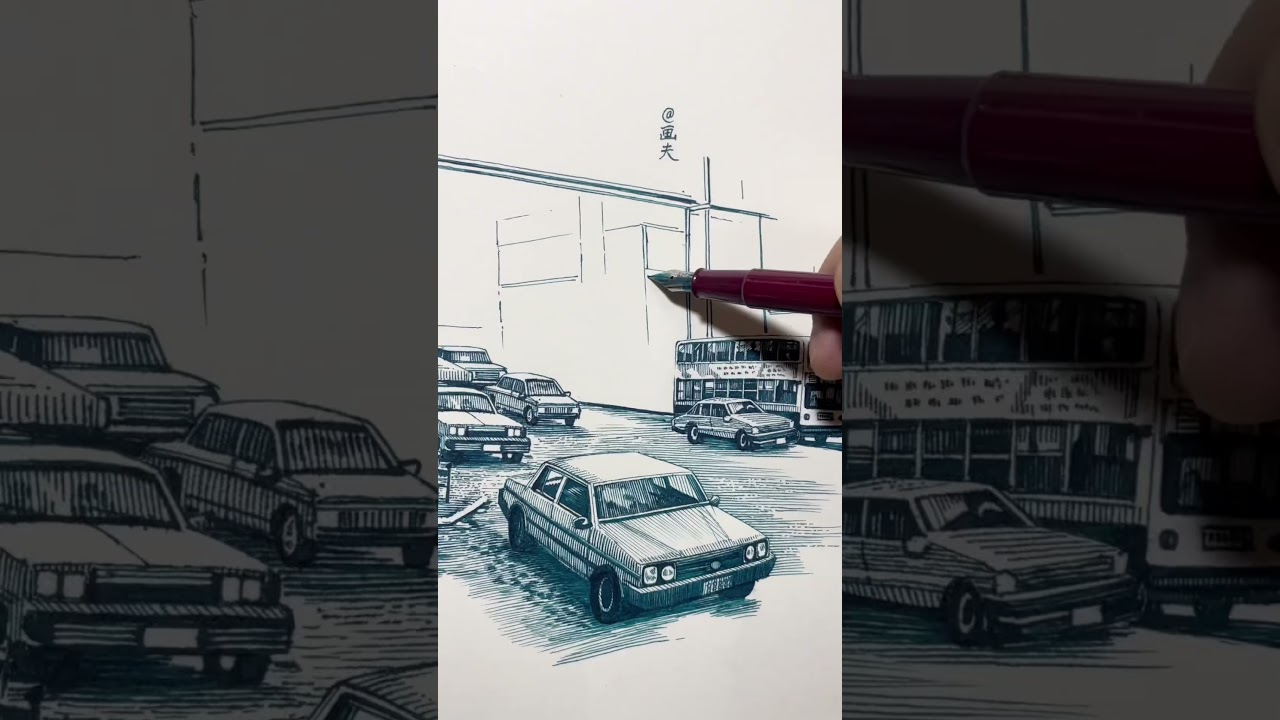 Zero-Frame Start! Bold Blue Fountain Pen Landscape Sketch | No Draft, Just Flow