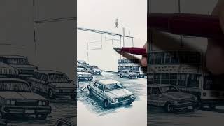 Zero-Frame Start! Bold Blue Fountain Pen Landscape Sketch | No Draft, Just Flow