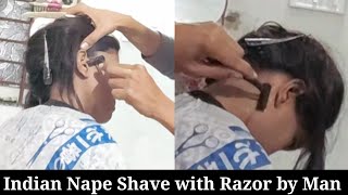 Indian Girl Nape Shave With Razor by Man at Home | Side Shave and Neck Shave with Scissor |