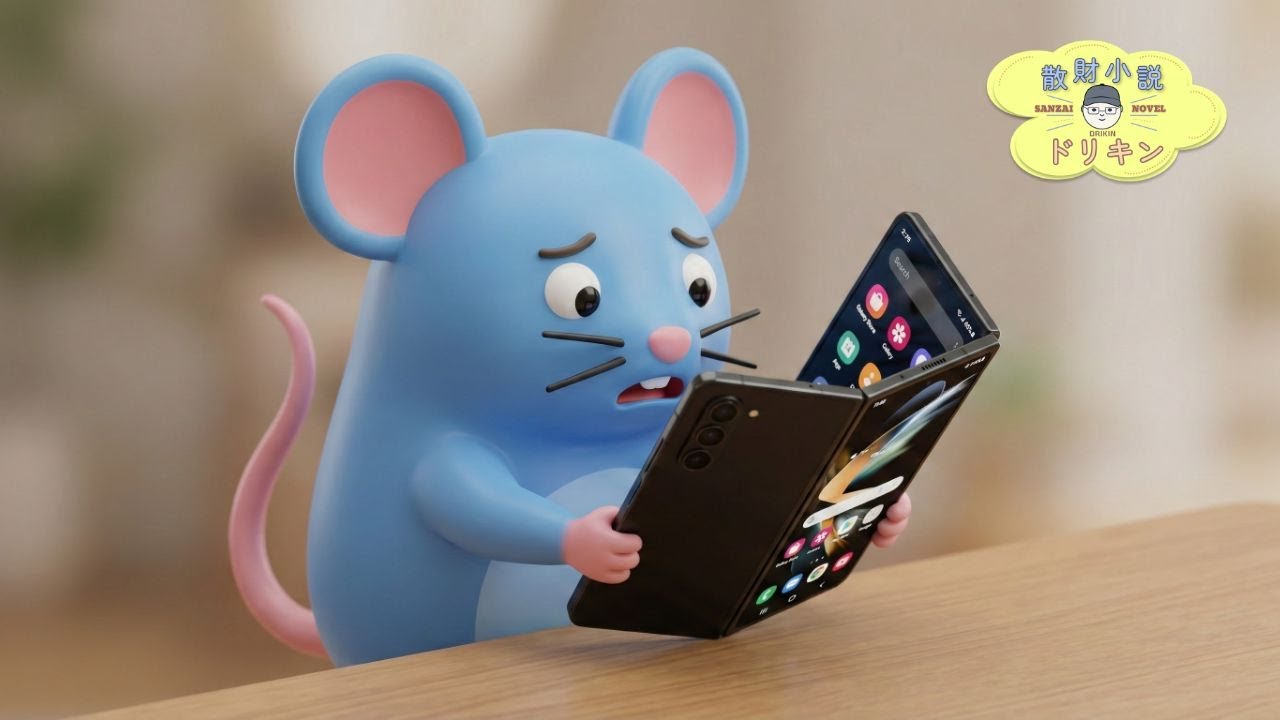 クワトロです。　3点おまとめ A mouse slashes the Galaxy Z TriFold, a tri-fold smartphone worth