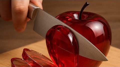 Ultra close-up ASMR of a sharp knife slowly slicing into a fresh, textured apple #ai #trending