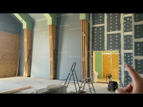 Drywall finishing in a SIP house. Ceiling height of 24.6 feet.