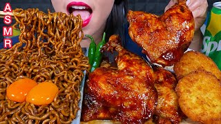 ASMR BBQ CHICKEN, BLACK BEAN NOODLES, EGGS, HASH BROWN 먹방 MUKBANG MASSIVE Eating sounds