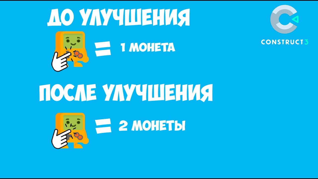 Как сделать чтоб после прокачки персонажа он за клик делал 2 монеты😏😎😉Construct 3 тутор)