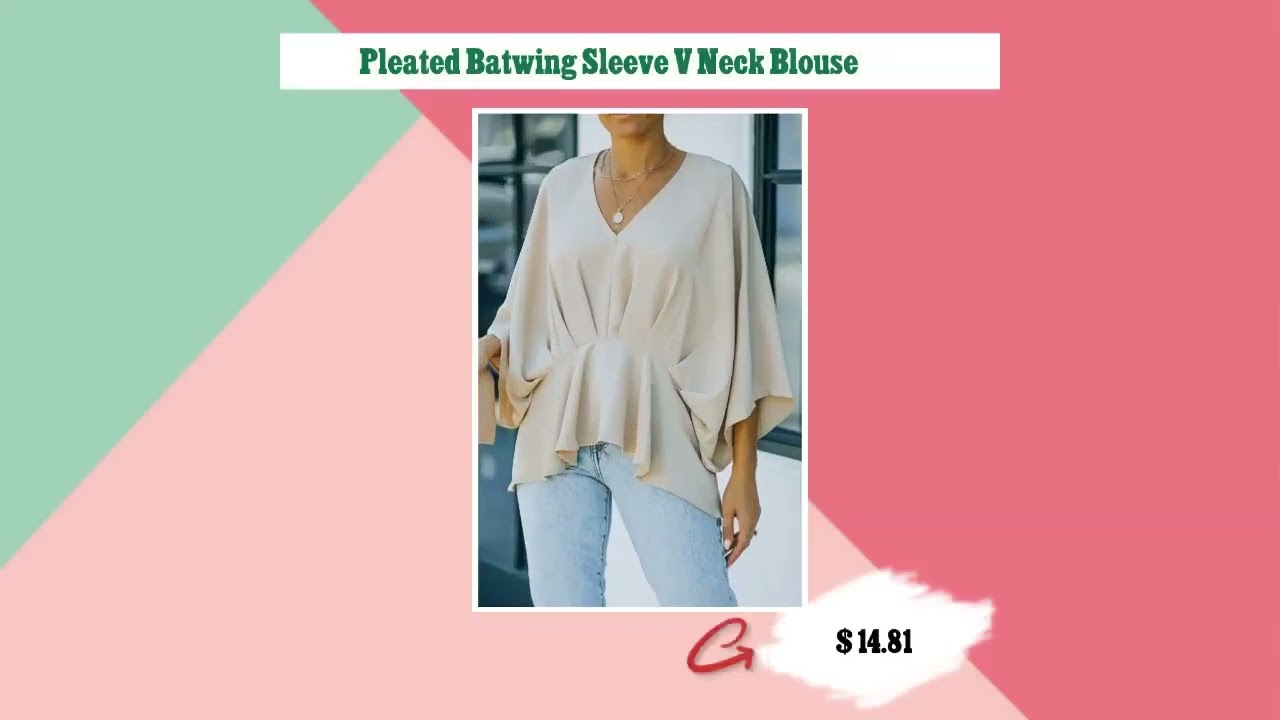 Pleated Batwing Sleeve V Neck Blouse