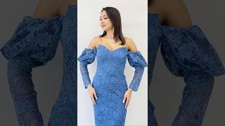 İndigo Düşük Omuz Balon Kol Dantel Abiye Elbise-Indigo Off-Shoulder Balloon Sleeve Lace Evening Dres