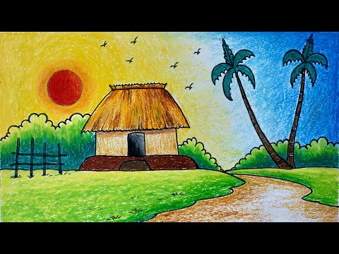 Easy Village Scenery / Village Scenery Drawing Step by Step for Beginners / How to Draw Easy Scenery