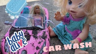 🧽BABY ALIVE DOLLS WASH BARBIE'S CARS! The dolls give Barbie's car's a car wash. #BABYALIVE #DOLLS