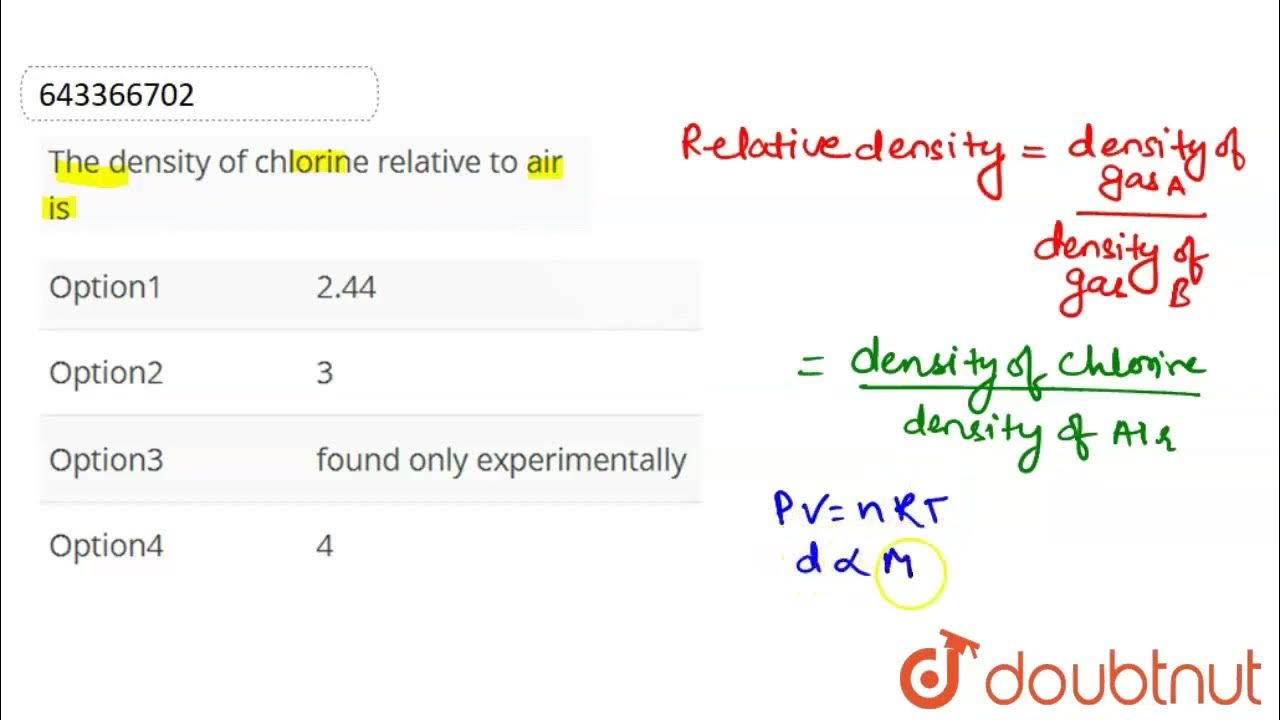 The density of chlorine relative to air is CLASS 12 ELEMENTARY