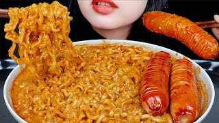 ASMR CHEESY CARBO FIRE NOODLE + SOSIS PEDAS SAUS SAMYANG 🔥 CREAMY SAMYANG CARBONARA 🍜