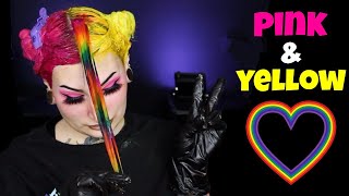 Pink & Yellow Split Dye Hair With A Splash Of Rainbow!