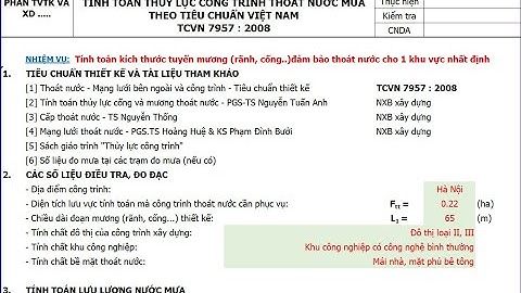 [TCVN 7957:2008] Hướng dẫn tính toán thủy lực công trình thoát nước mưa bằng Excel