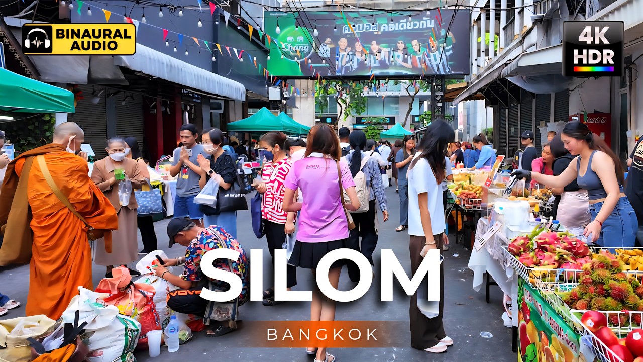 Bangkok Silom Area 🇹🇭 Patpong Morning Market | 4K HDR Binaural Audio 🎧