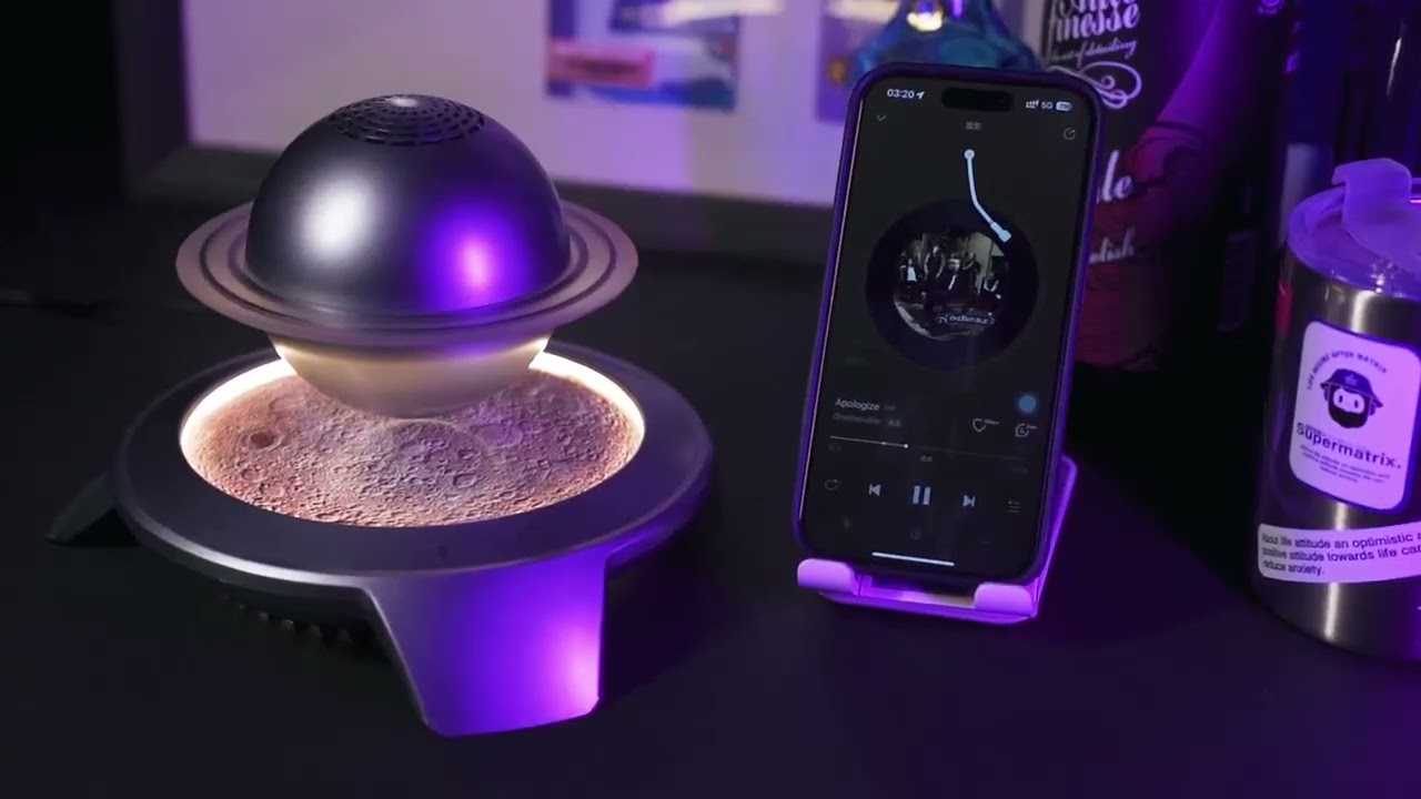 Magnetic levitation saturn speaker, floating Silver Planet with LED Lights & Tripod Lunar Base