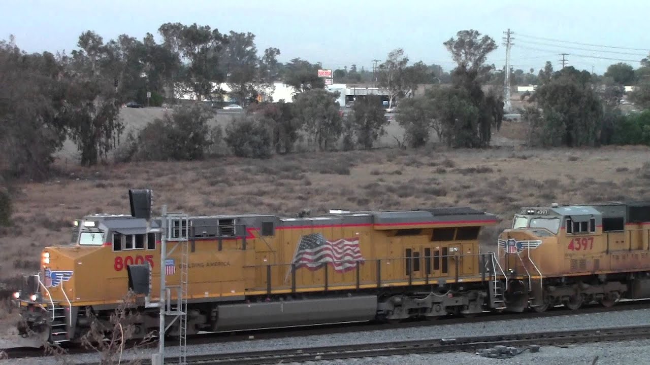 UP 8005 Leads Stack Train at Pepper Ave, West Colton, CA
