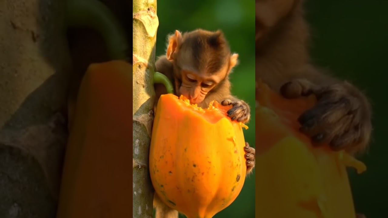 Baby cute monkey eating papaya