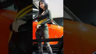 Pretty Tall Korean Car Show Model in Black Racing Suit
