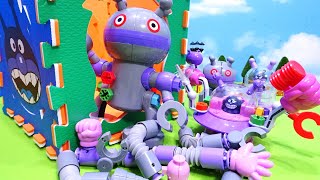 アンパンマンのジョイントマット箱からおもちゃのだだんだん、バイキンUFOのチューブとねじの部品がでてきて組み立てて遊ぶよ!