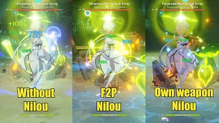 Comparison Bloom Damage [ Without Nilou, F2P Nilou And Her Own Weapon ] Genshin Impact