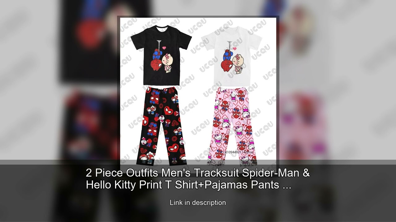 2 Piece Outfits Men's Tracksuit Spider-Man & Hello Kitty Print T Shirt+Pajamas Pants Set Casual