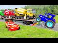 Flatbed Trailer McQueen Transportation with Truck - Speedbumps vs Cars vs Train - BeamNG #08