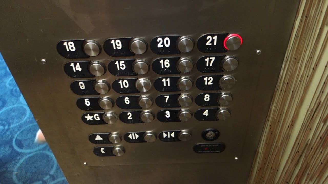 21-этажные лифты Otis серии 5 с канатной дорогой в башне Cayman Tower, Carribean Beach Resort, Ми...