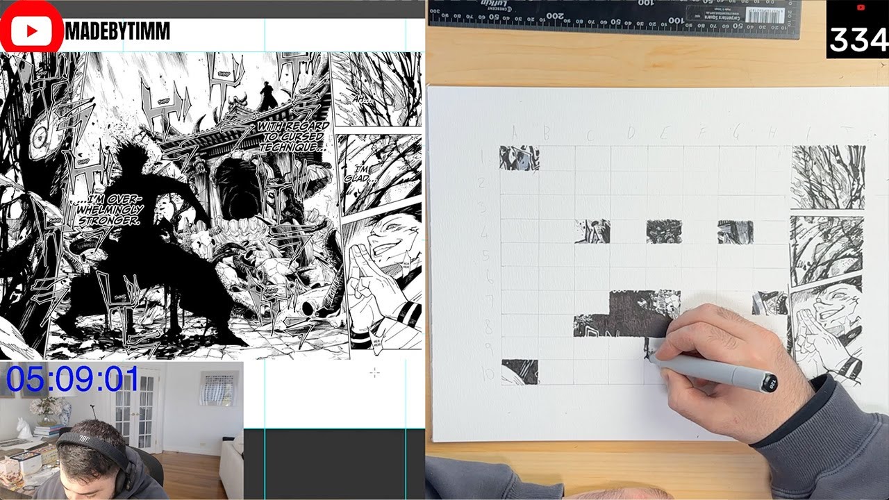 Redrawing Gojo vs Sukuna but one grid space at a time | Live Manga Art