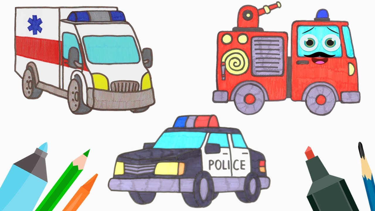 Deseneaza trei Vehicule de Urgenta - colectie desene DIY pentru copii
