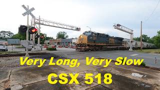 Very Long, Very Slow (15 min.) CSX 518 with 7501, 7595 at Washington Street in Athens - Lots of Horn