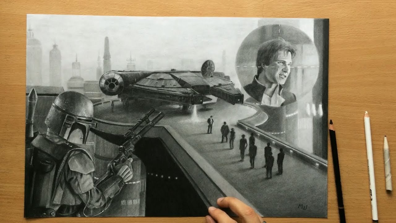 Boba Fett and Han Solo Charcoal Drawing