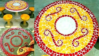 How to make a unique circular garden cafe table set with cement and ceramic tile # 18