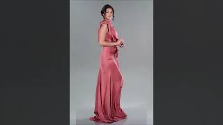 Somon Dik Yaka Kolsuz Uzun Saten Abiye Elbise Abu2133