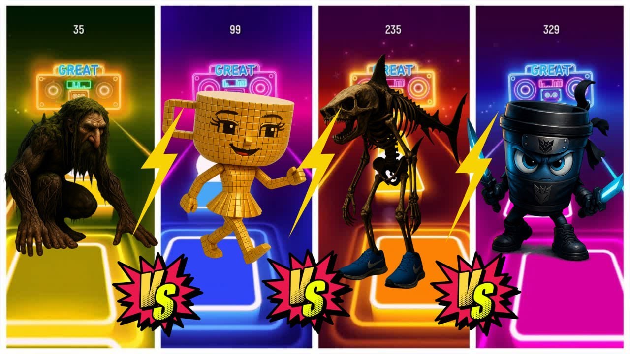 Tiles Hop Monster Battle! Troll vs Golden Cup Girl vs Skeleton vs Ninja 🔥