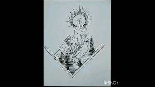 mountain scenery drawing with black sketch pen #drawing#