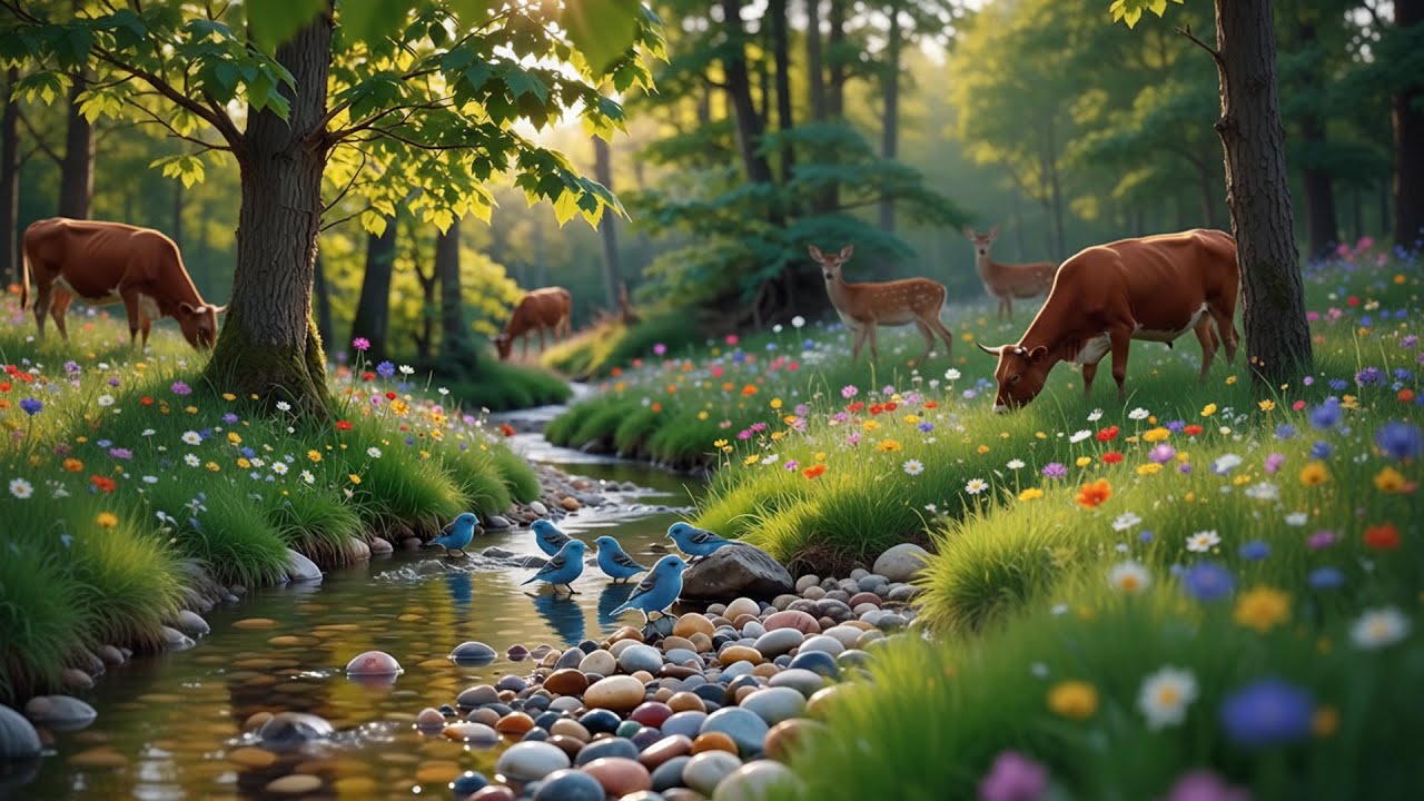 Peaceful Forest Waterfall with Cows & Birds | Relaxing Nature Video