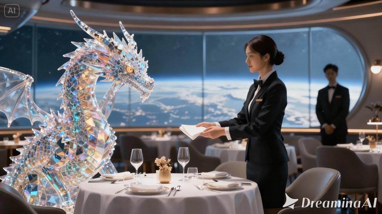 Human waitress hands napkin to Dragon Boss — It reads “Listen. Exit now. Armed”