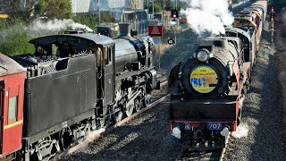 TWO STEAM TRAINS PASS ON THE MAINLINE (707 Operations' Grainlander to Sea Lake) | R707, A2 986, K153