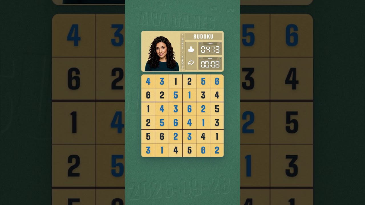 LinkedIn Mini Sudoku #413 solved board for September 28, 2026, 6x6 grid