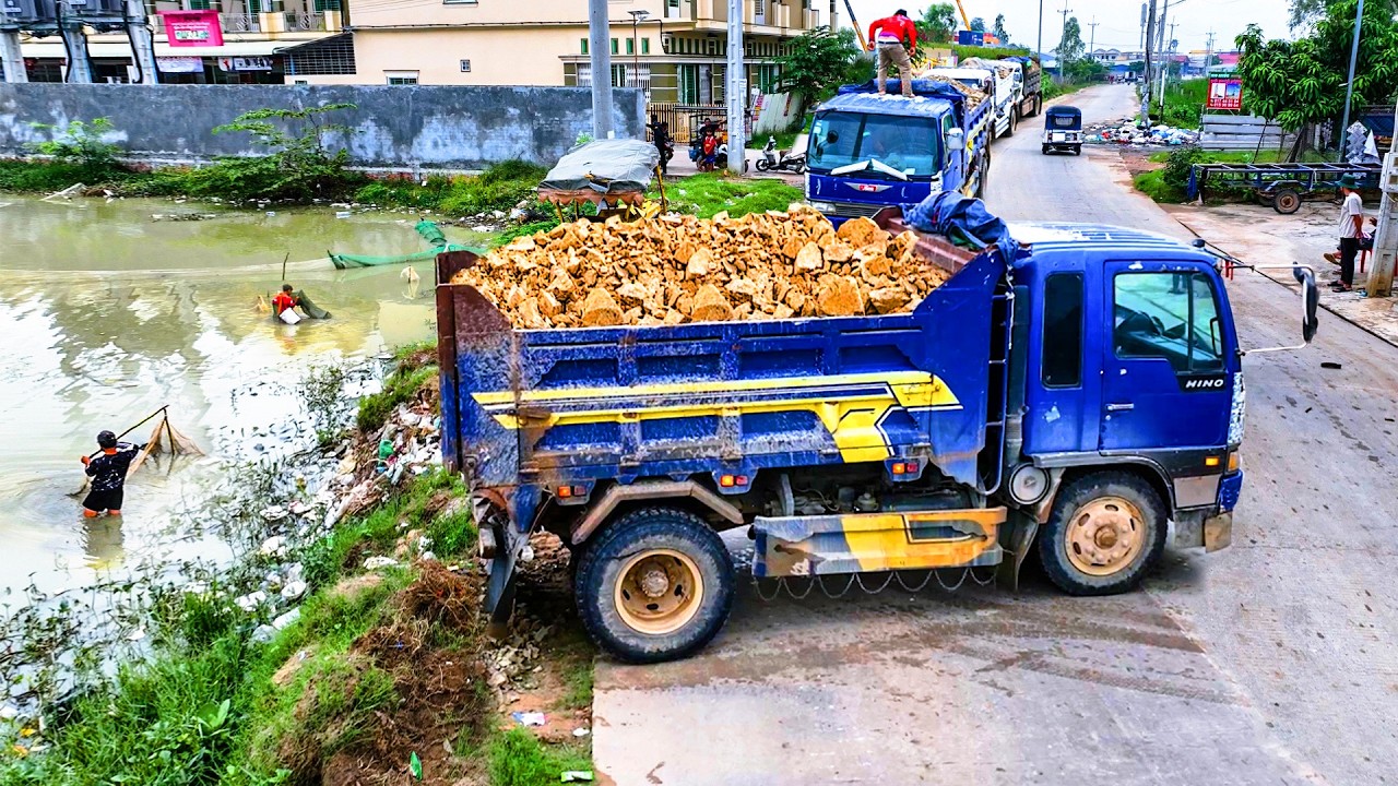 First Opening​ Amazing Project!! Landfill Delete Pond Flood By Komat'su Dozer Pushing Stone Soil