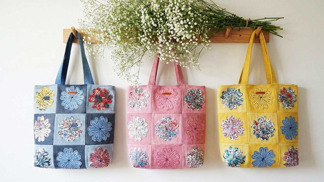 DIY"믿을 수 없어" 자투리 원단으로 이렇게 아름다운 "토트백"을 만들 수 있다니!/mesh/flower/stitching/fabric shopping bag/tote bag