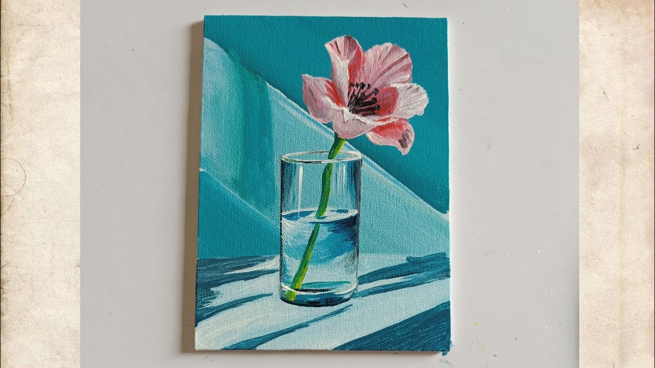 How to paint a pink flower in transparent glass vase acrylic painting