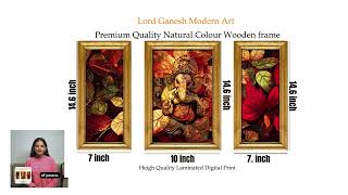 Lord Ganesh Modern Art Set, 3 Wooden Framed with Prints,Natural Colour(10 inch x 14.6 inch)