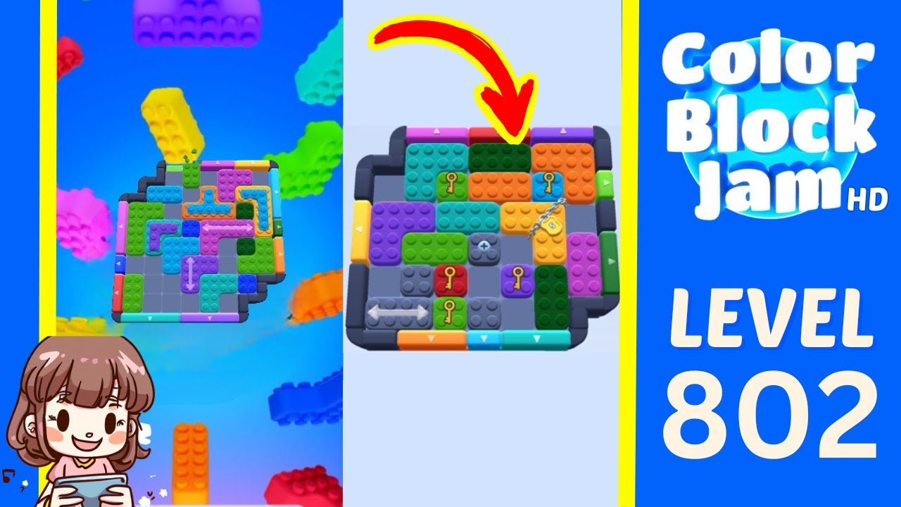 Color Block Jam Level 408 historical Level 802 board with 2:10 timer, central gray blockers, and bottom slider opening frame