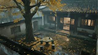 🍂 Rainy Autumn Courtyard | Peaceful Ginkgo Tree Ambience for Relaxation, Sleep & Study 🌧️ screenshot 1
