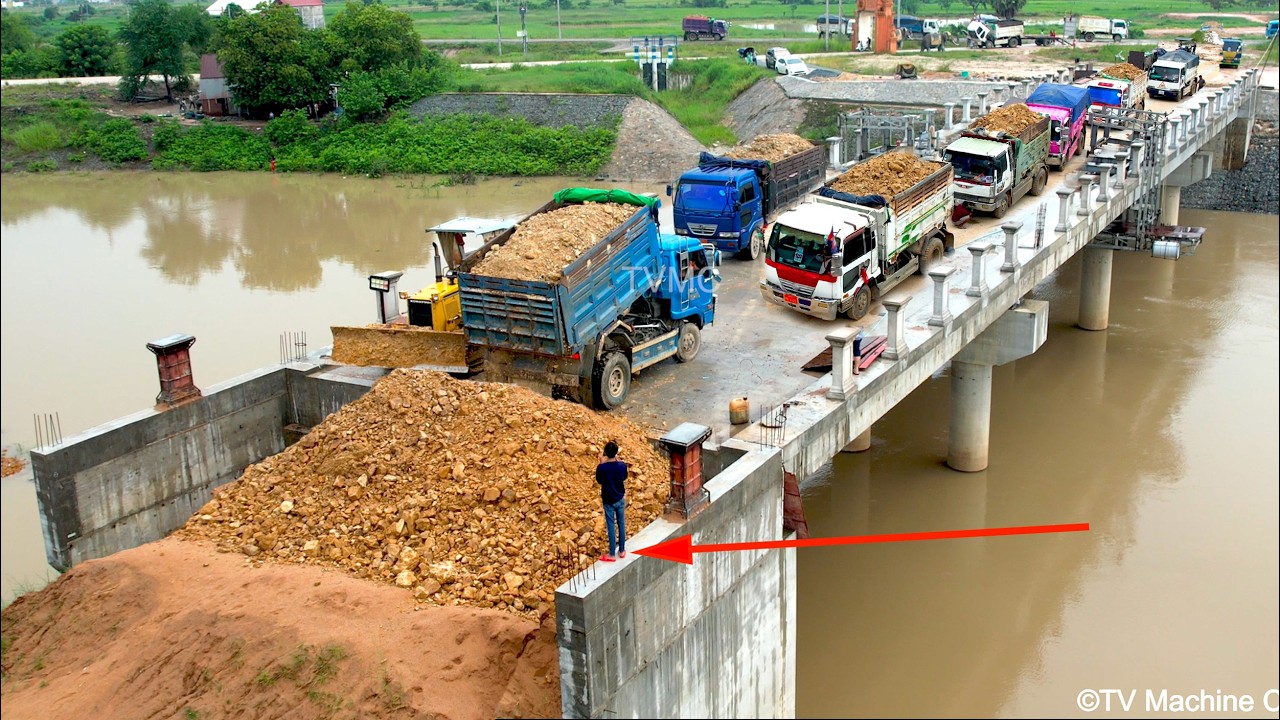 Massive Full Process Of NEW Combine Build Ramp Bridge To Road By Dozer & Truck5T Unloading Stone