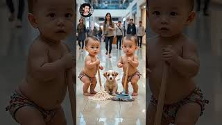 Twin Babies Cleaning Mall Floor with Puppy | Cute Baby Dance & Funny Moments. #shorts #short #funny